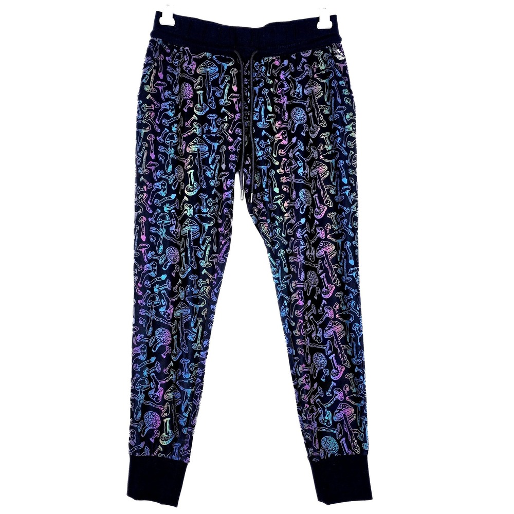Rainbow‎ Reflective Mushroom Joggers Mens Medium Black Festival Rave Drawstring